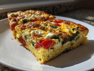A close-up of a thick slice of easy mediterranean breakfast casserole featuring eggs, spinach, tomatoes, and feta cheese.