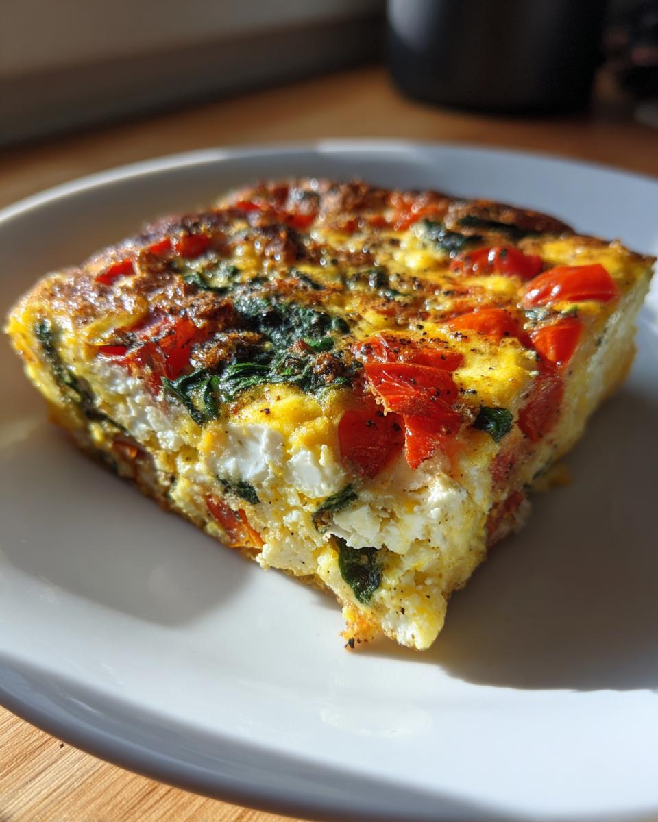 A close-up slice of easy mediterranean breakfast casserole showing eggs, feta cheese, spinach, and cherry tomatoes.