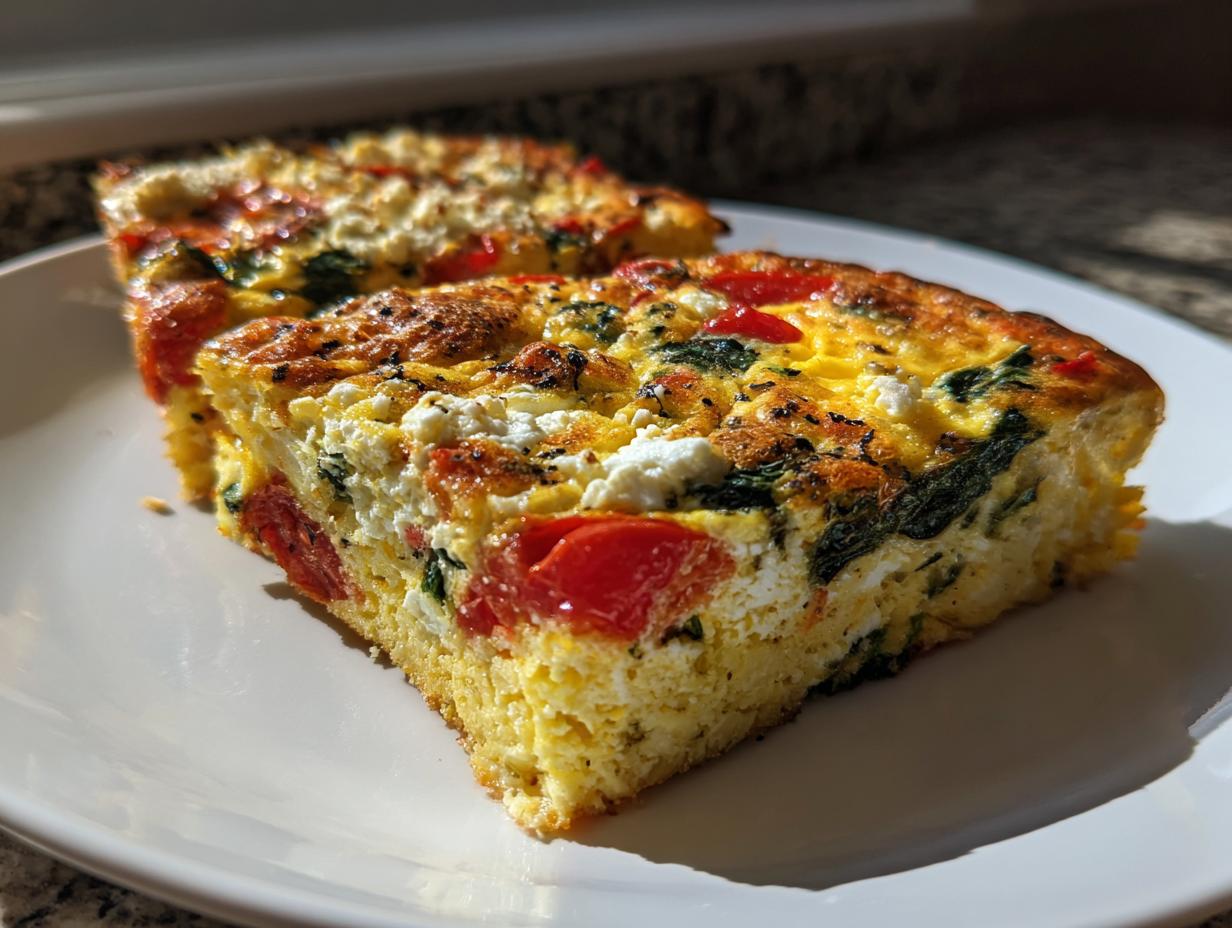 A close-up of a thick slice of easy mediterranean breakfast casserole featuring eggs, spinach, tomatoes, and feta cheese.