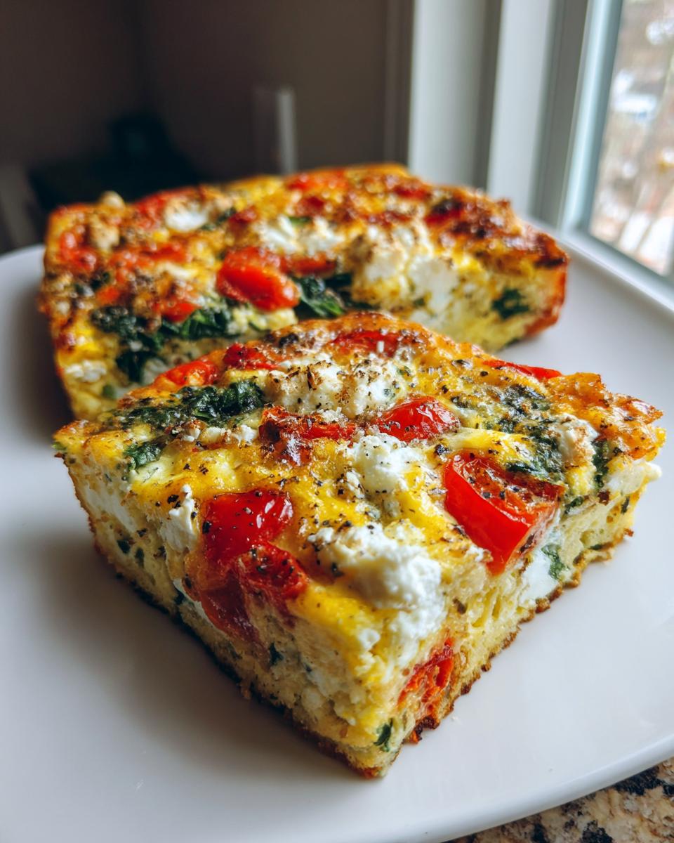 Two slices of an easy mediterranean breakfast casserole featuring eggs, feta cheese, spinach, and bright red tomatoes.