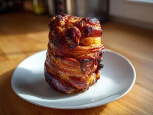 A perfectly cooked, upright piece of smoked beer can chicken with crispy, dark brown skin resting on a white plate.