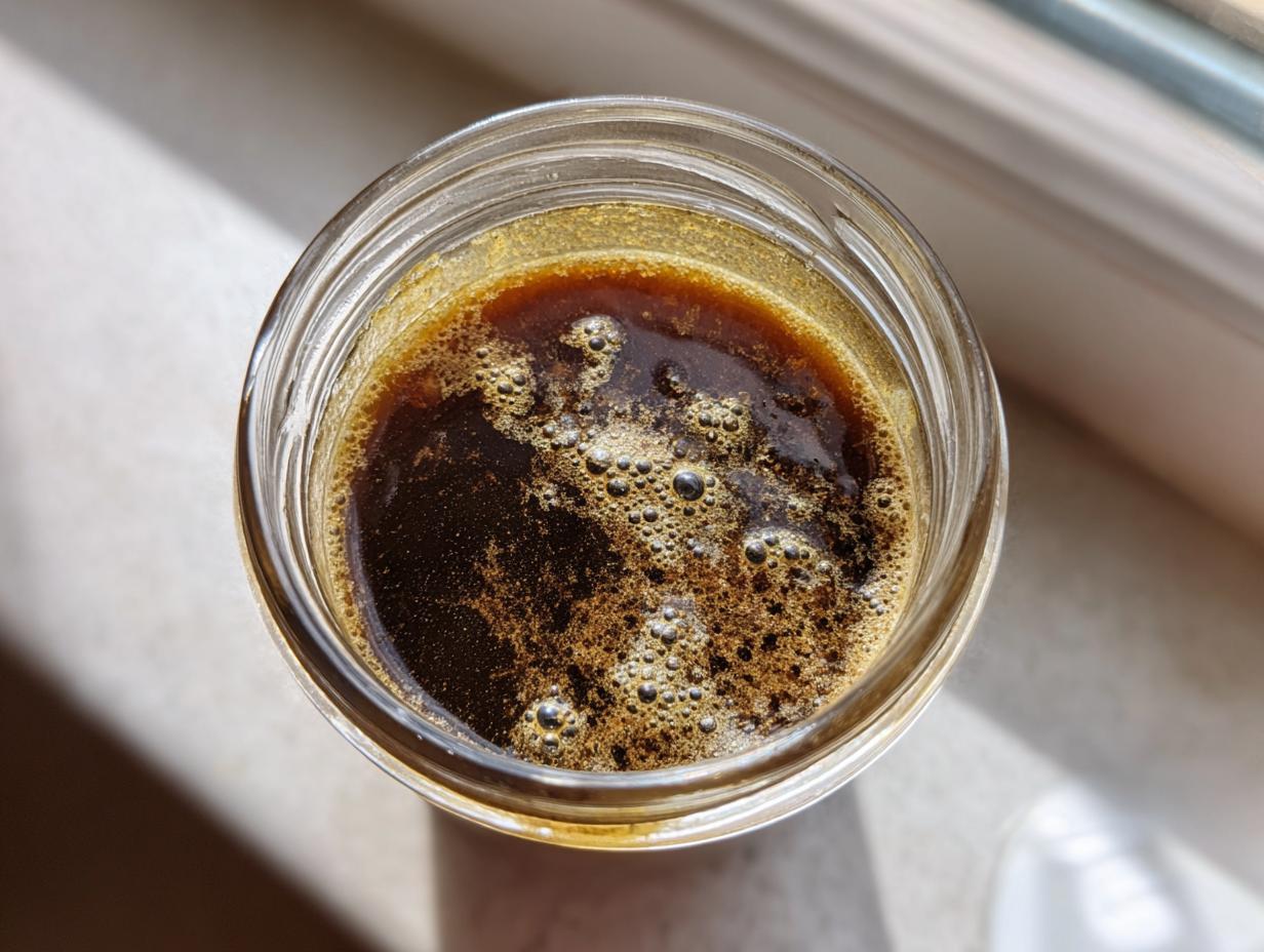 Overhead view of freshly mixed balsamic vinaigrette dressing with small bubbles in a clear glass jar.