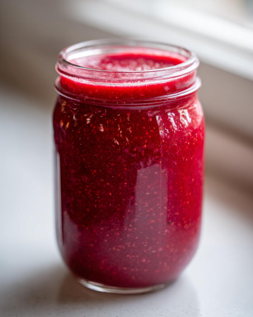 A glass mason jar filled with bright red, slightly textured raspberry vinaigrette, sitting on a white surface.