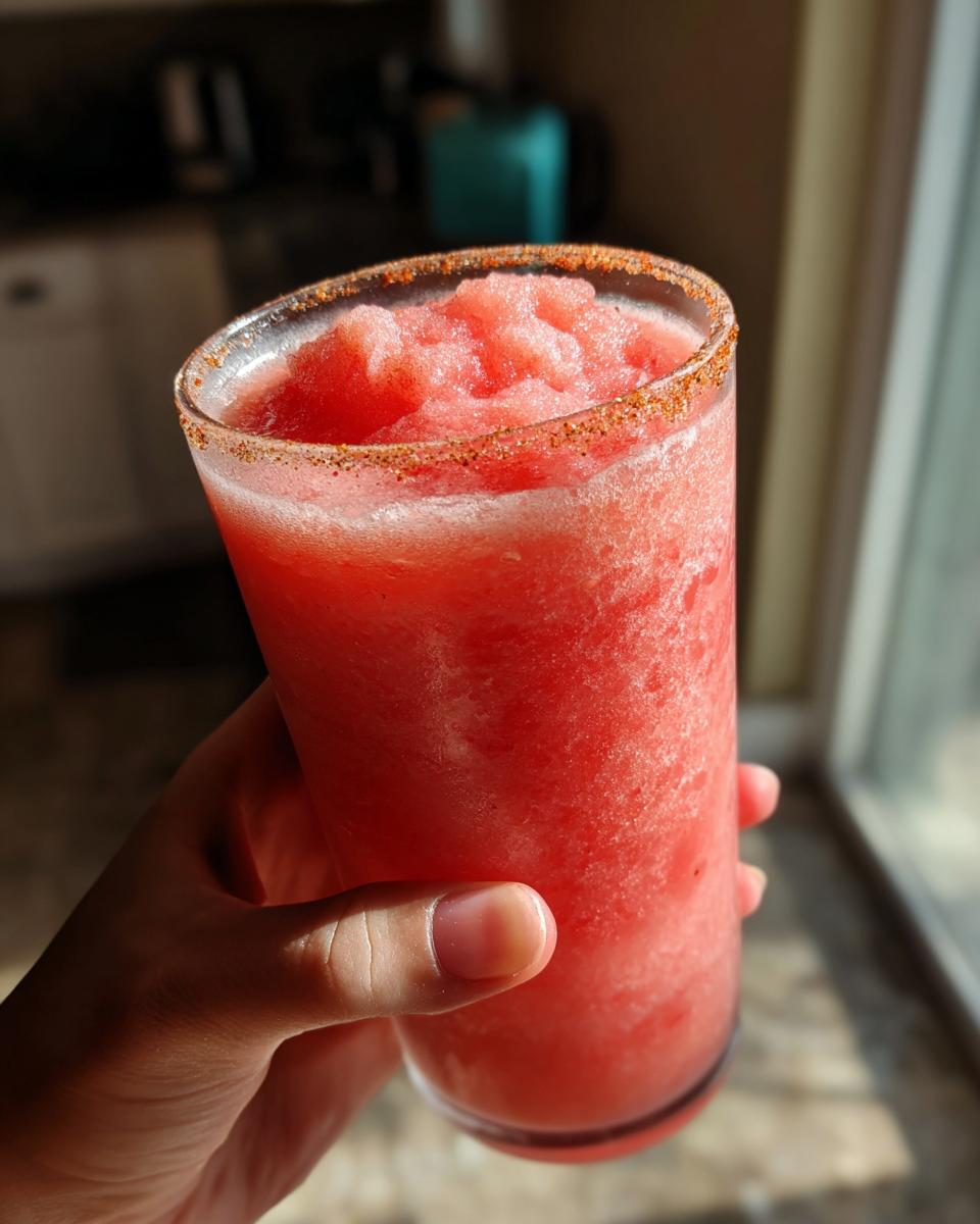 A hand holding a tall glass filled with a bright red frozen firecracker rosé slushie, featuring a spiced rim.