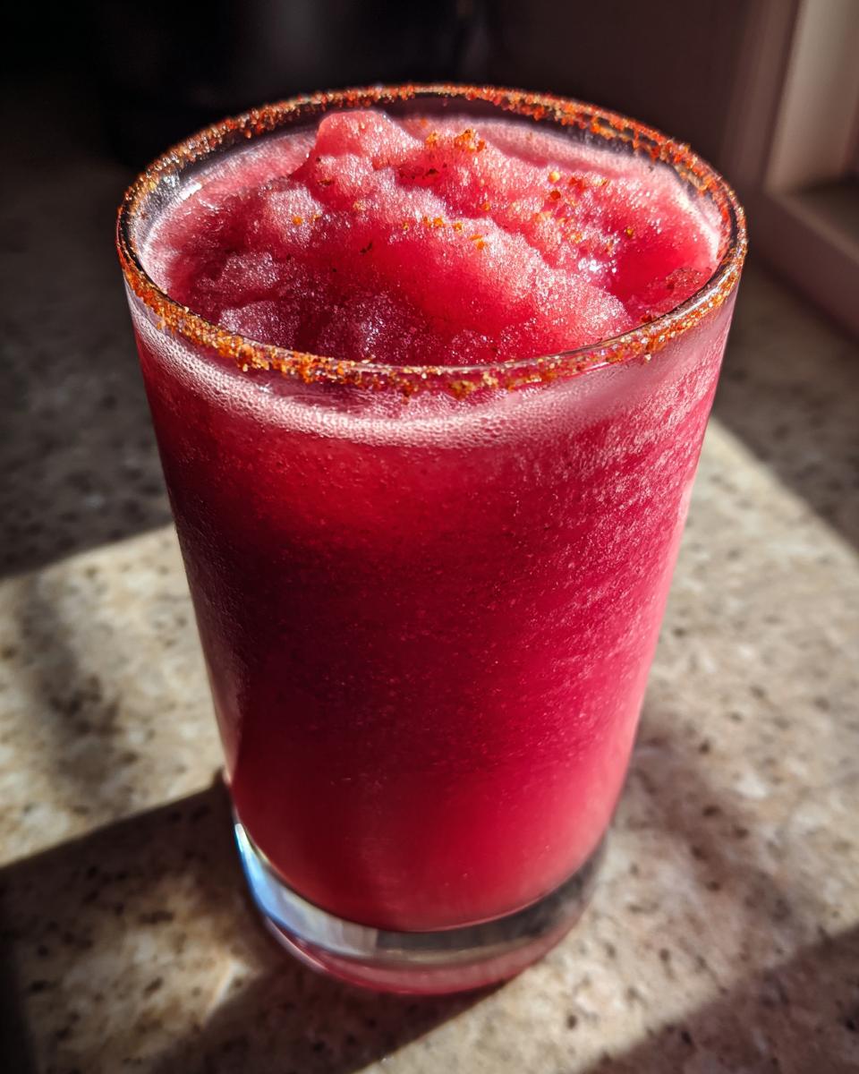 Close-up of a bright red frozen firecracker rosé slushie in a glass with a spicy chili salt rim.