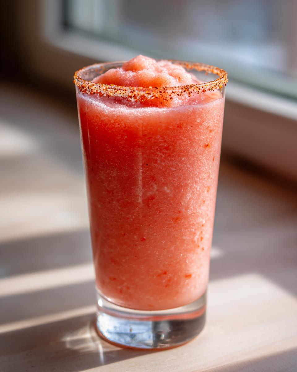 A tall glass filled with a vibrant pink frozen firecracker rosé slushie, featuring a chili-sugar rim.