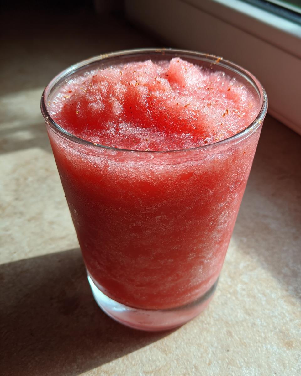 A close-up of a vibrant red frozen firecracker rosé slushie in a clear glass, topped with a sprinkle of spice.