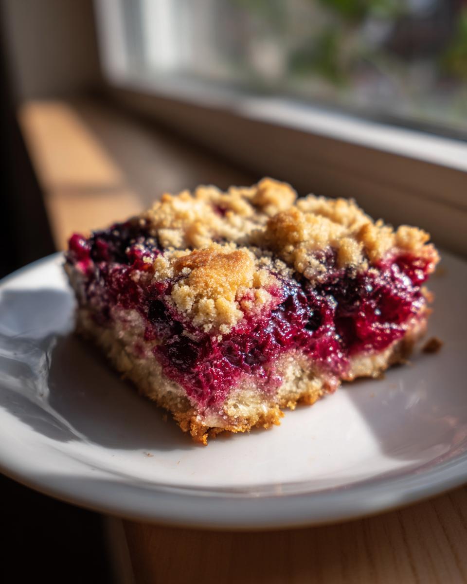 A close-up of a square slice of german plum cobbler with a bright magenta fruit filling and golden streusel topping.