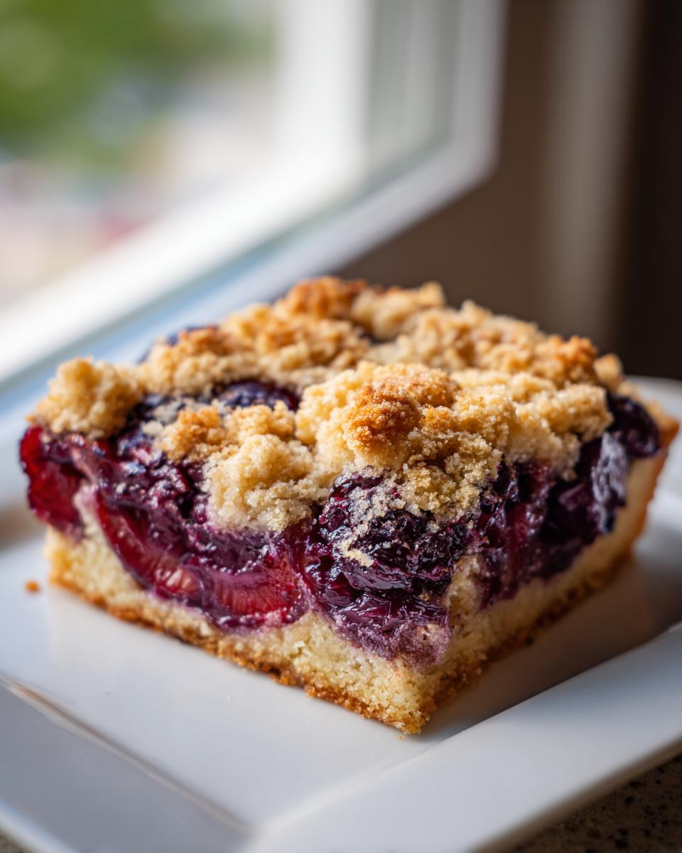 Close-up of a moist slice of german plum cobbler featuring baked purple plums and a golden streusel topping.