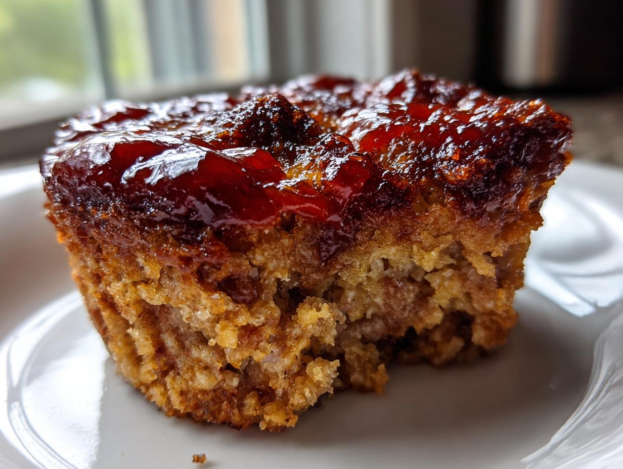 Close-up of a single mini meatloaf muffin with a thick, shiny, dark red glaze, sitting on a white plate.