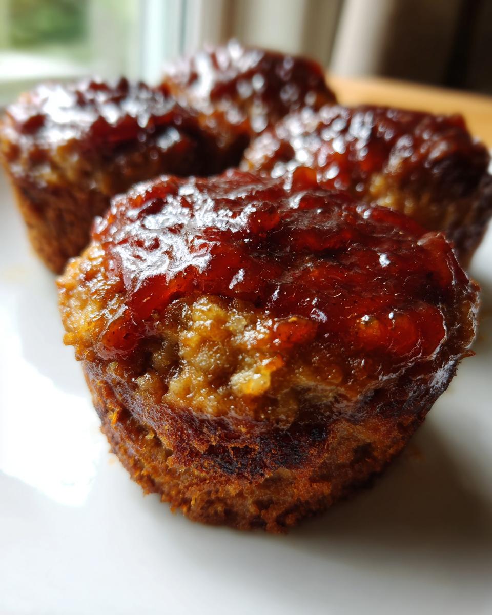 A close-up of three delicious mini meatloaf muffins topped with a shiny, dark glaze.