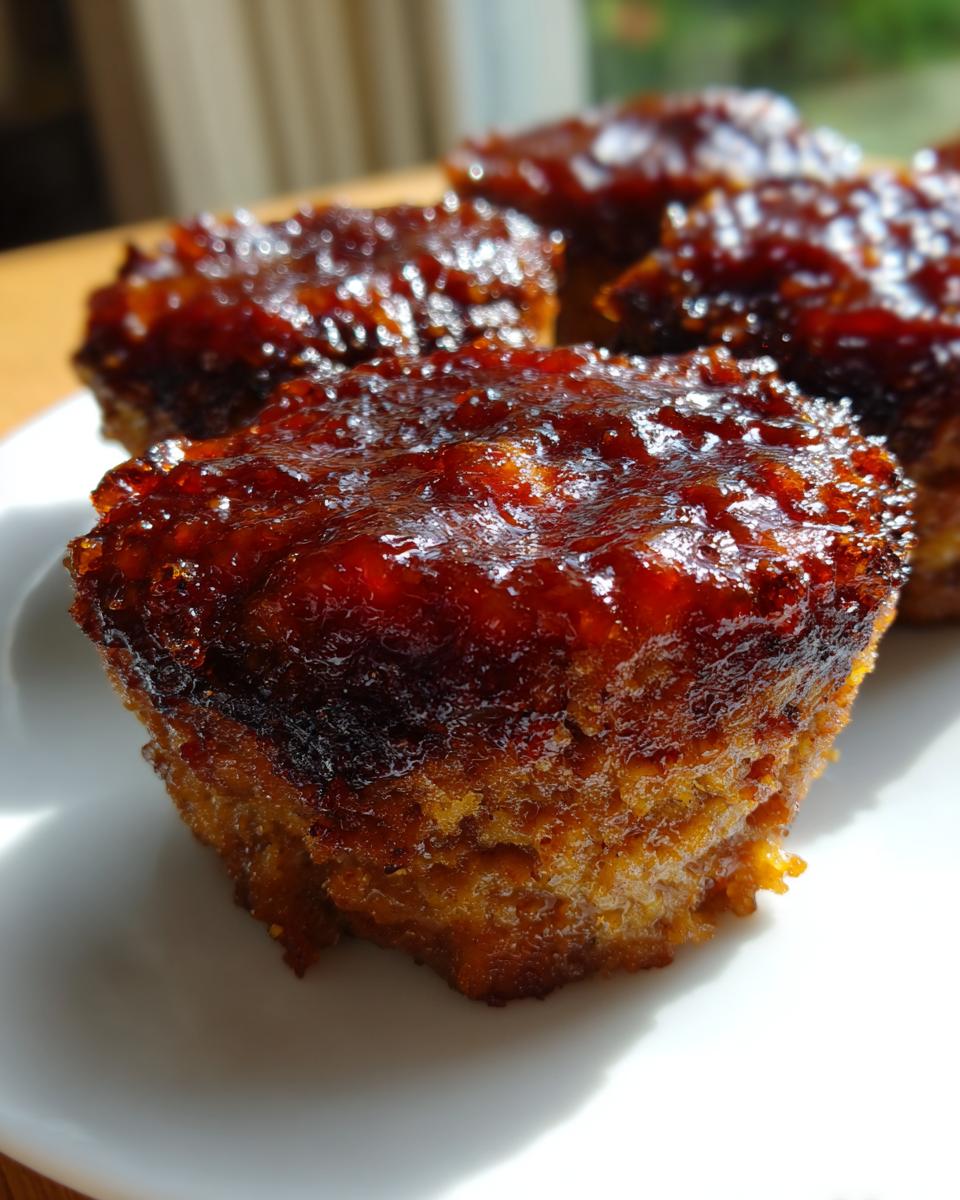 A close-up of several shiny, glazed mini meatloaf muffins sitting on a white plate.