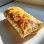A single, perfectly grilled meal prep breakfast burrito with a golden-brown, toasted tortilla exterior.
