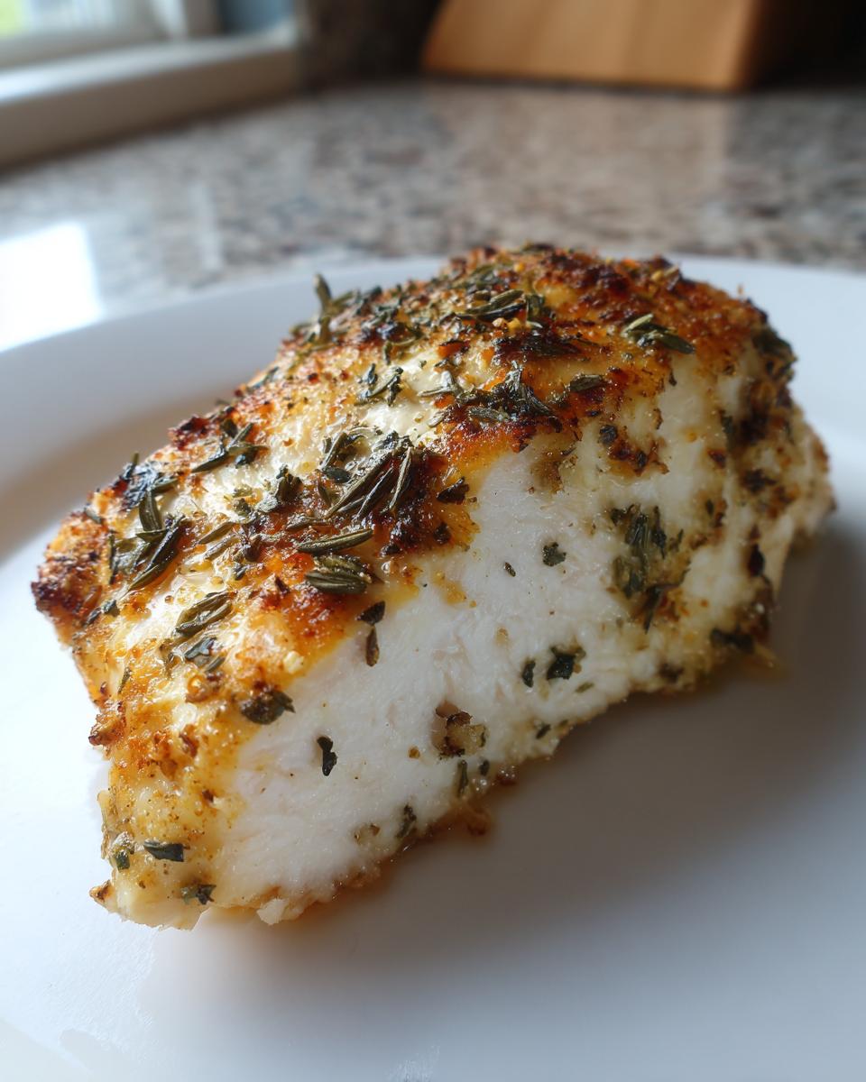 Close-up of a perfectly cooked, seasoned high-protein low-calorie chicken breast on a white plate.