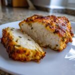 Cross-section of a perfectly cooked high-protein low-calorie chicken breast with a golden, seasoned crust.