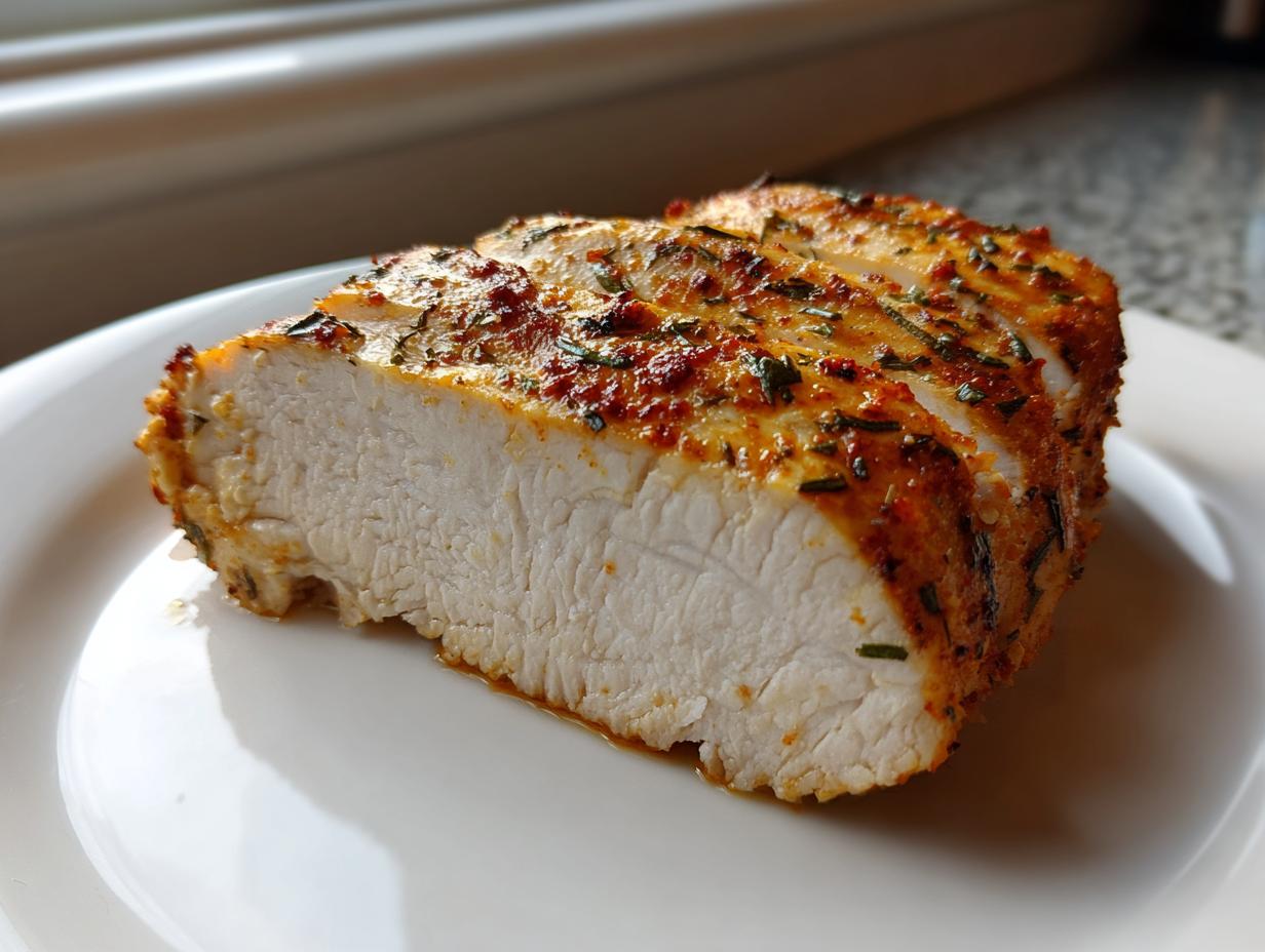 Cross-section of a perfectly cooked high-protein low-calorie chicken breast with a seasoned, herb crust.