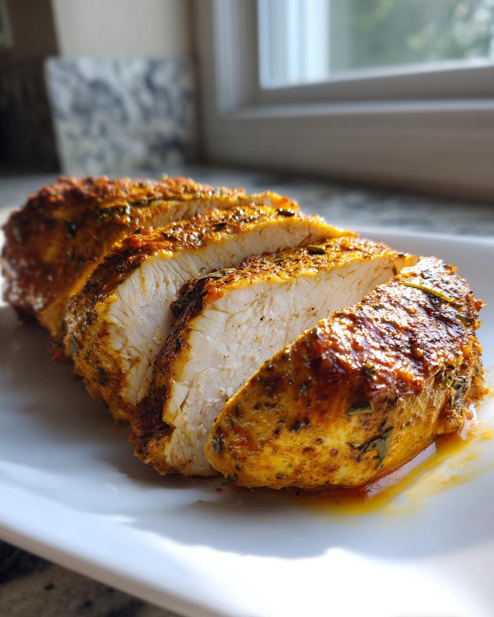 Close-up of a sliced, perfectly cooked high-protein low-calorie chicken breast coated in savory orange-red spices.