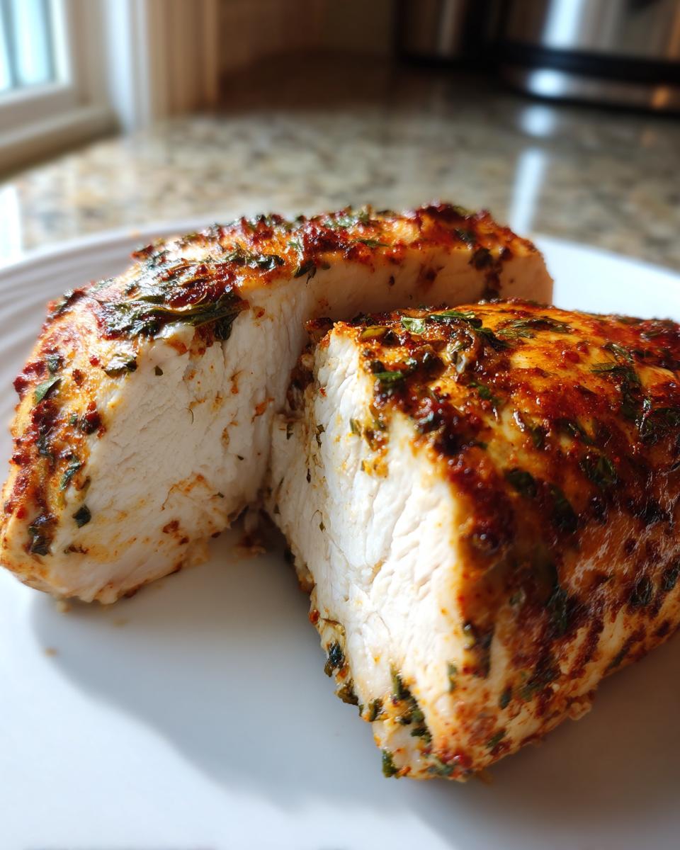 Close-up of a perfectly cooked, sliced high-protein low-calorie chicken breast with a seasoned, reddish-brown herb crust.