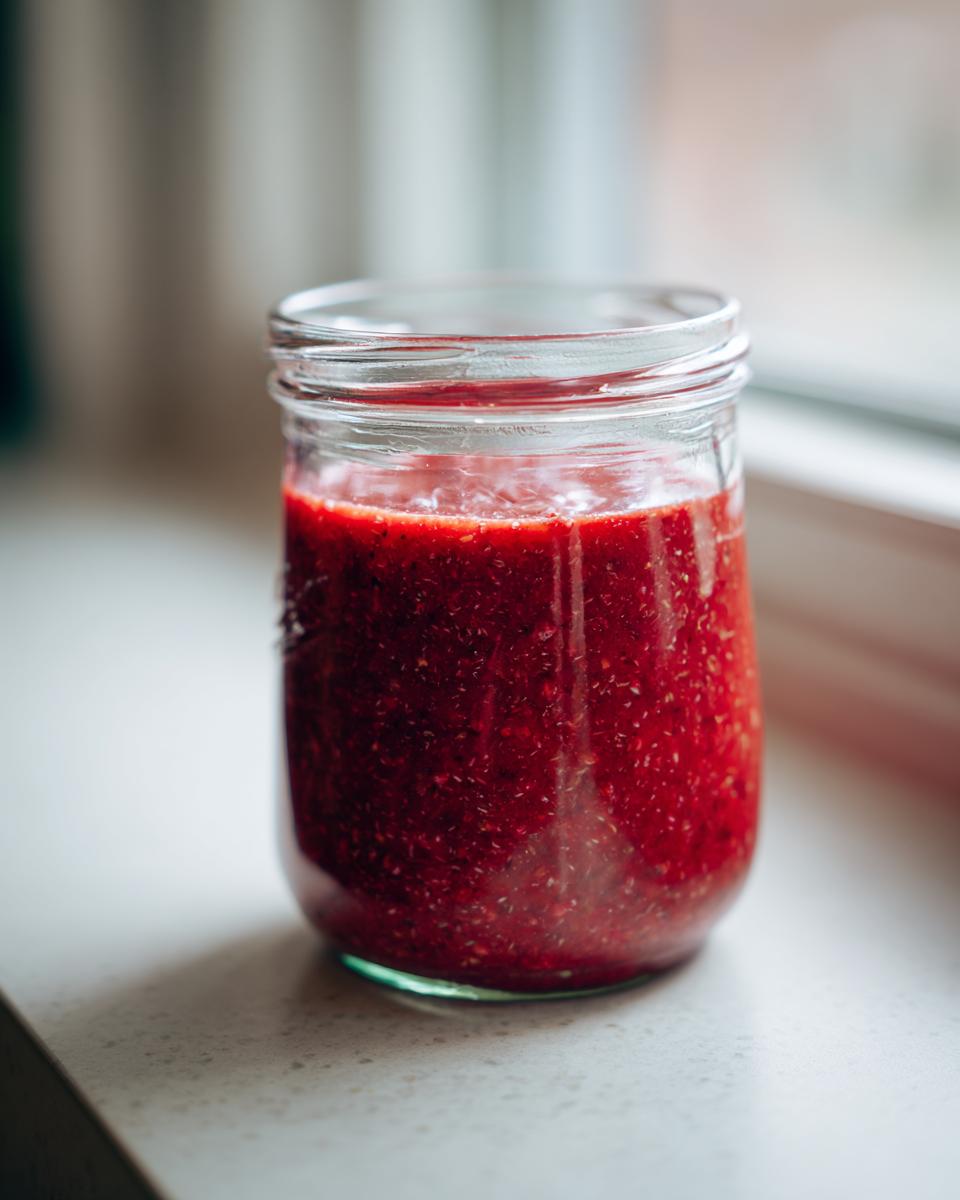 A glass jar filled with vibrant, thick raspberry vinaigrette, showing visible seeds.