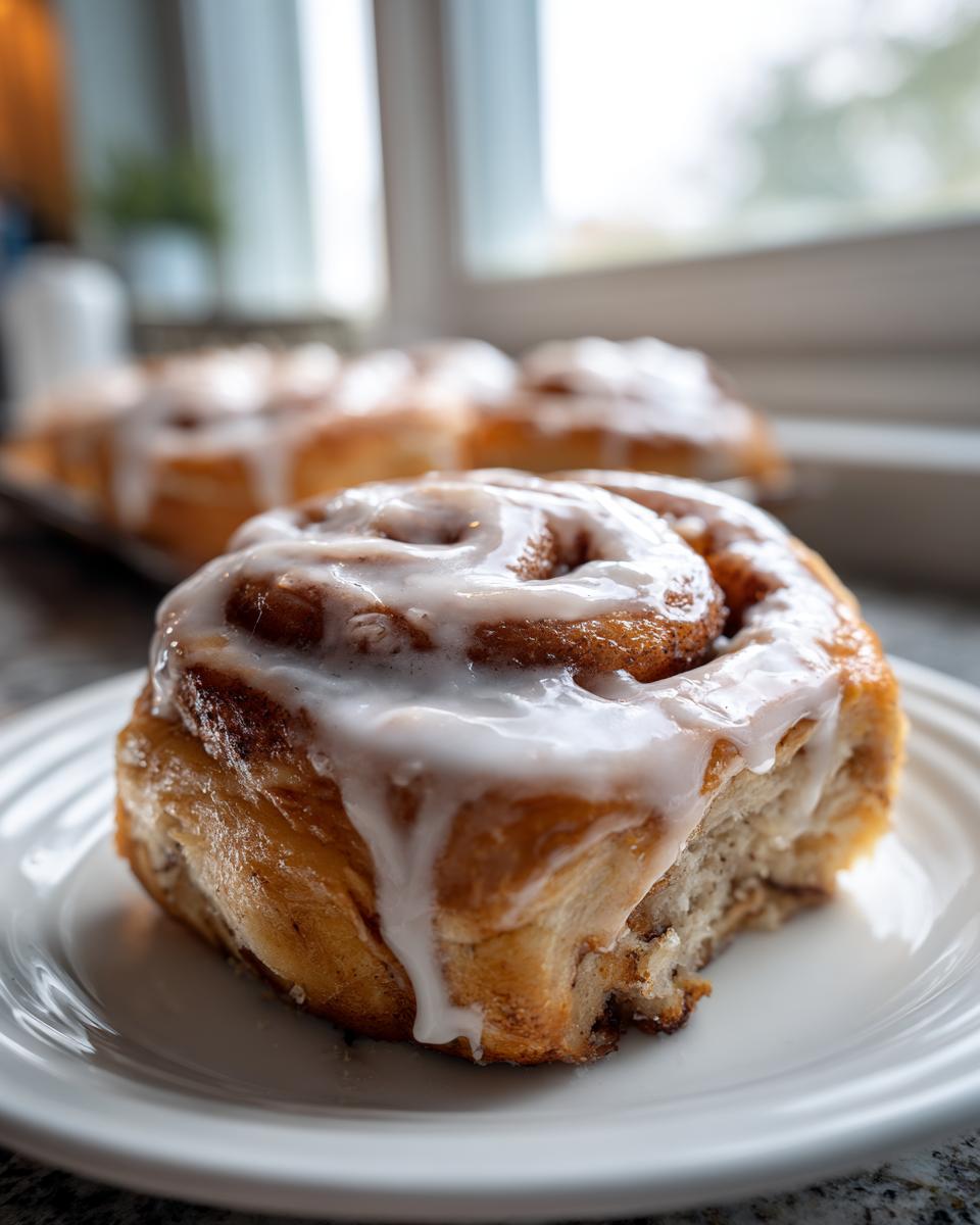 A close-up of one delicious, iced protein cinnamon rolls sitting on a white plate with more rolls blurred in the background.