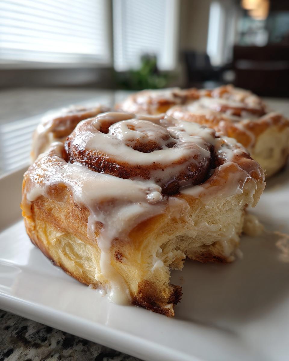 Close-up of gooey, iced protein cinnamon rolls on a white plate, showing the fluffy interior texture.