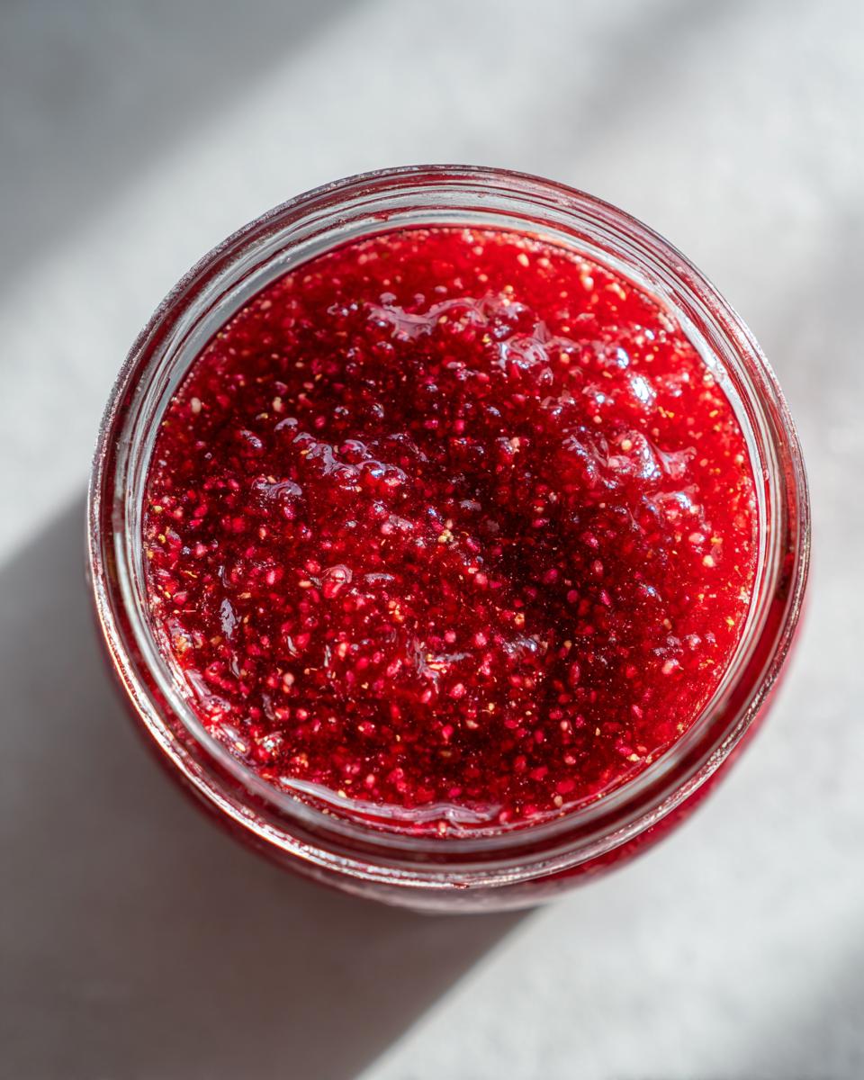 Overhead view of a glass jar filled with thick, bright red raspberry vinaigrette containing visible chia seeds.