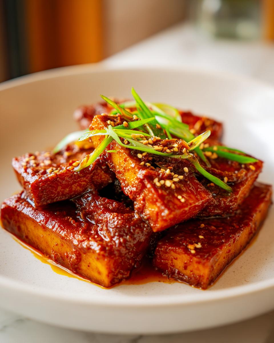 Close-up of thick, rectangular pieces of korean braised tofu coated in a rich, dark red sauce and garnished with sesame seeds and scallions.