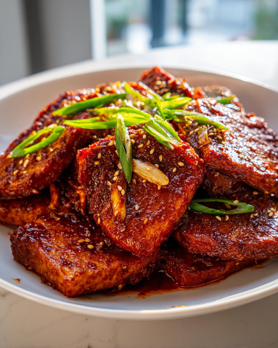 Close-up of glossy, saucy korean braised tofu pieces garnished with sesame seeds and fresh green onions.