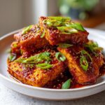 Close-up of crispy korean braised tofu pieces coated in a spicy red sauce and topped with sliced green onions and sesame seeds.