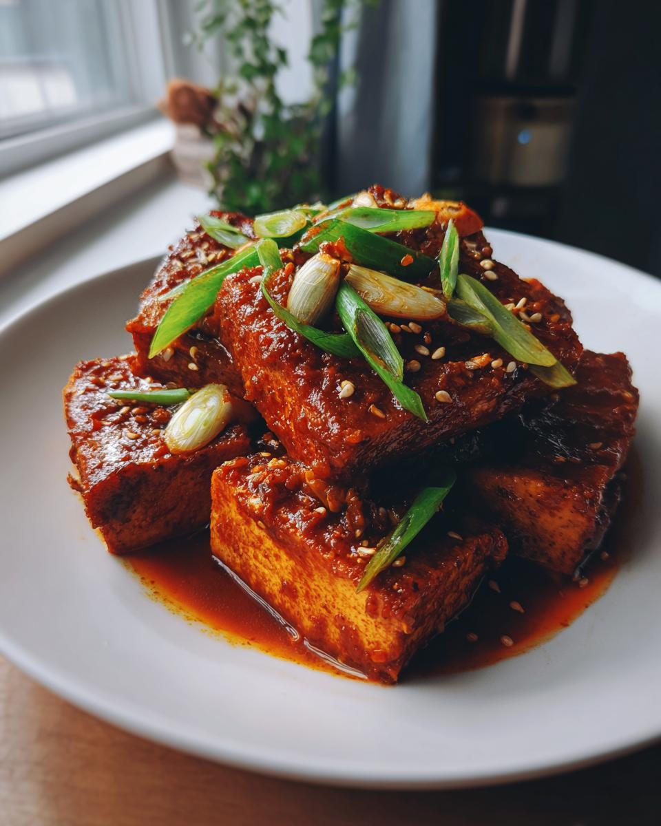 Close-up of thick slices of rich, red korean braised tofu covered in sauce, garnished with green onions and sesame seeds.