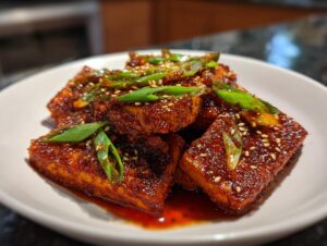 Close-up of glossy, spicy korean braised tofu pieces garnished with green onions and sesame seeds.