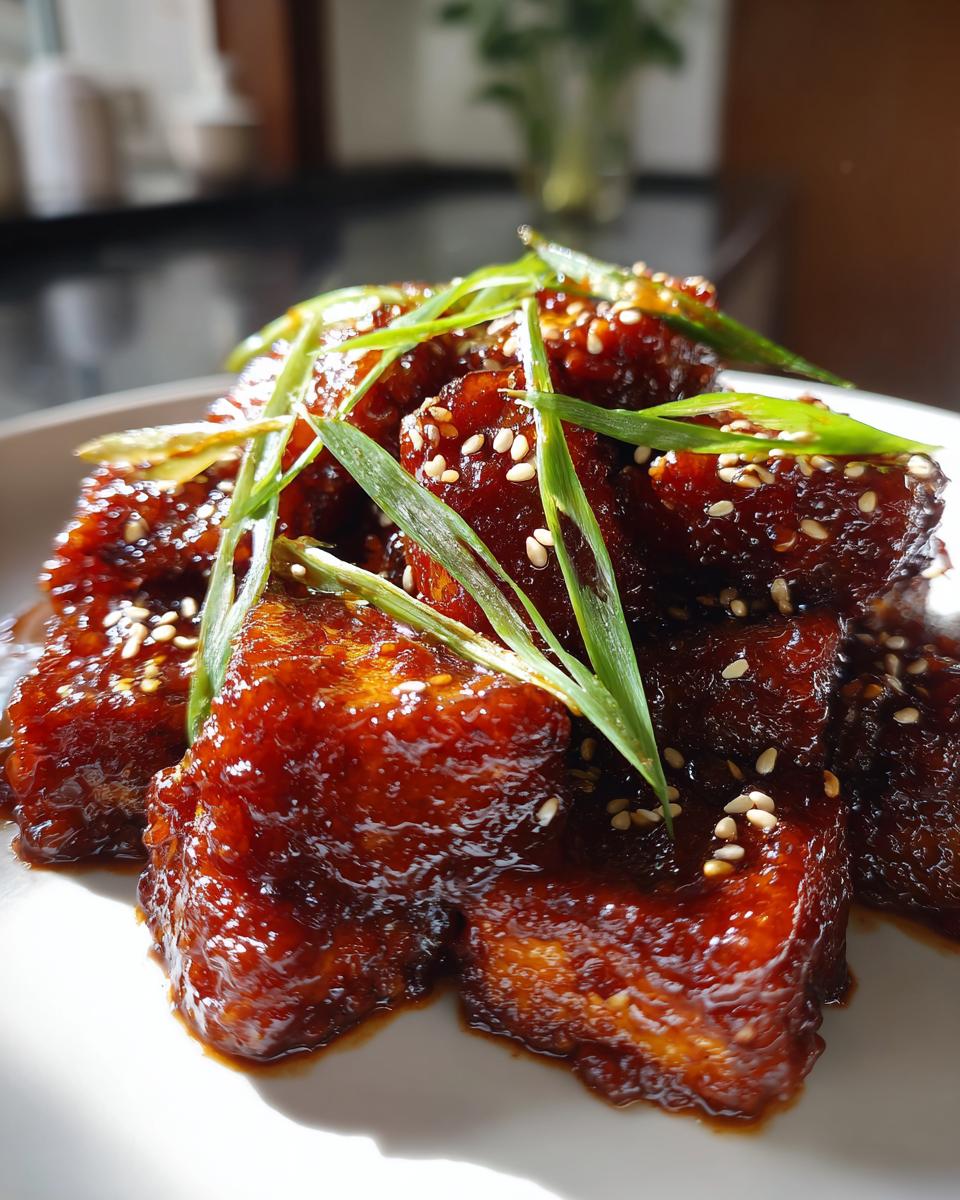 Close-up of glossy, dark red korean braised tofu pieces topped with sesame seeds and green onions.