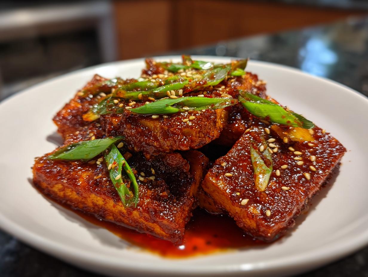 Close-up of glossy, spicy korean braised tofu pieces garnished with green onions and sesame seeds.