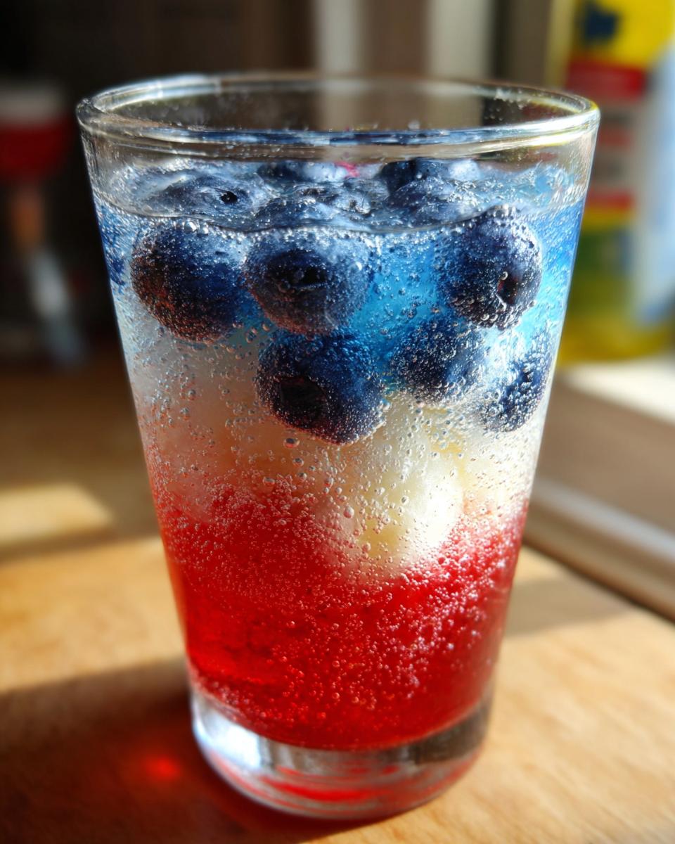 Close-up of a layered patriotic punch showing red, white, and blue sections, topped with blueberries and fizz.