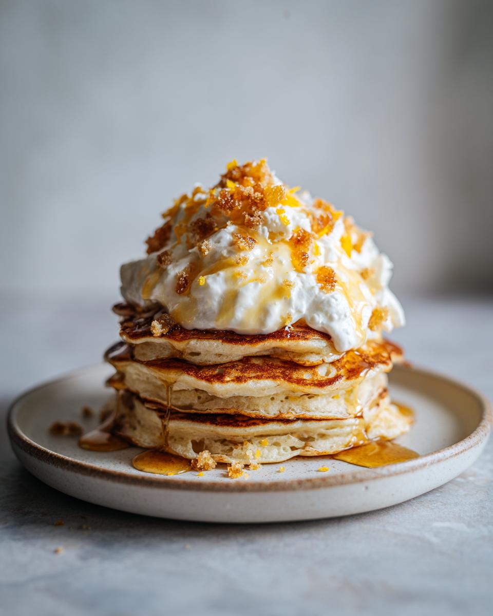 A tall stack of fluffy maple ginger pancakes topped with whipped cream, syrup, and candied ginger crumble.