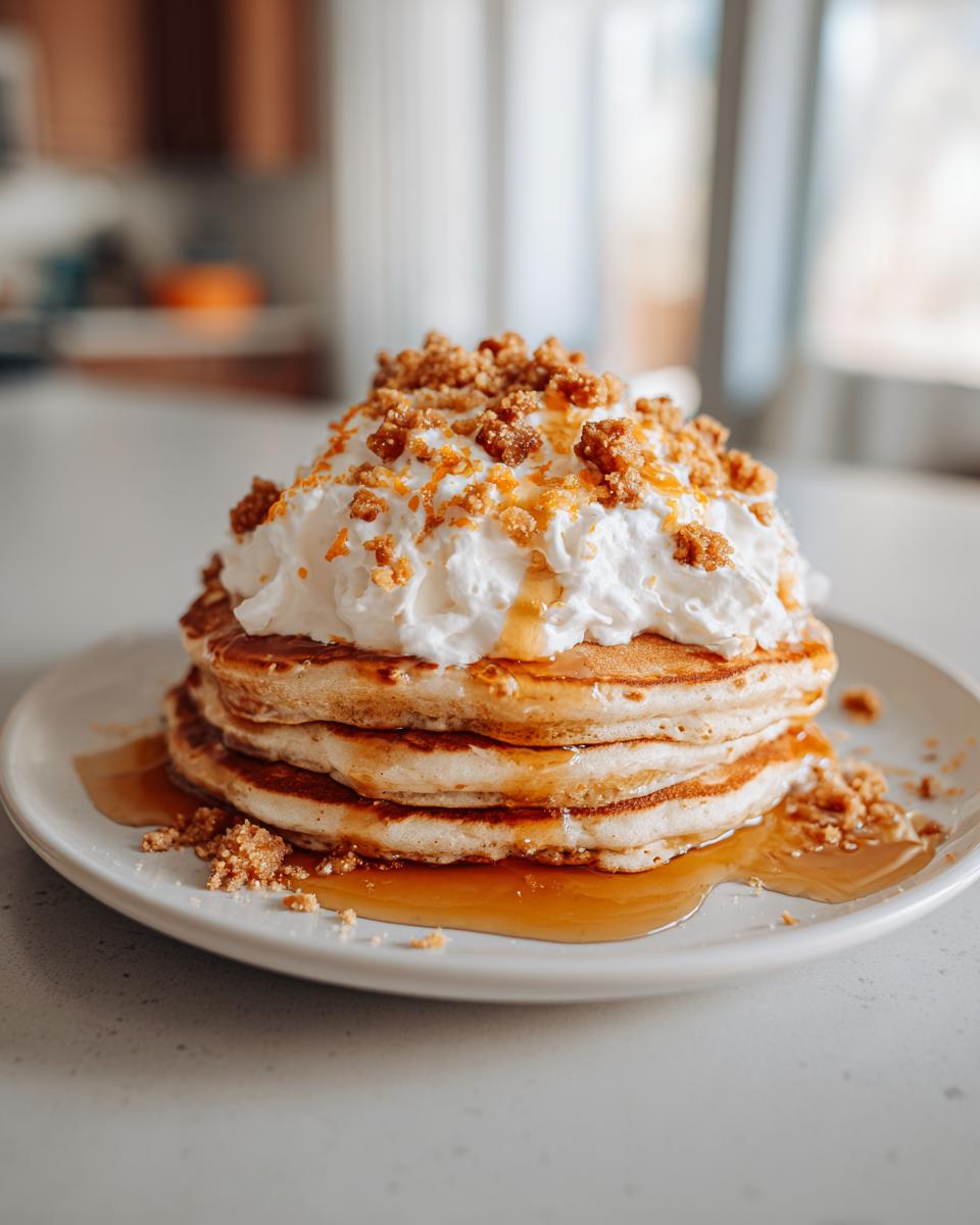 A tall stack of maple ginger pancakes topped with whipped cream, syrup, and brown sugar crumble.