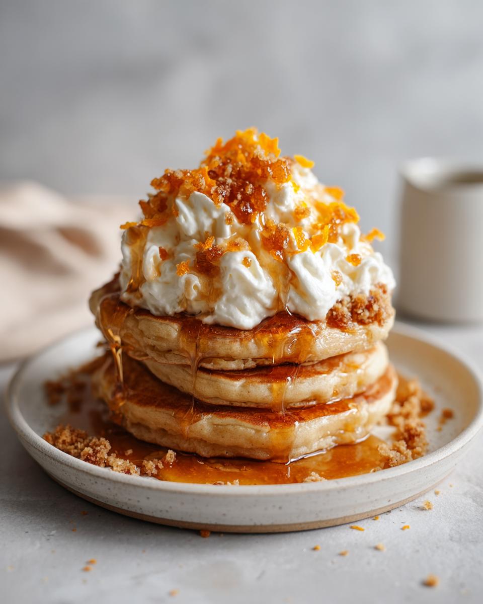 Close-up of a stack of three maple ginger pancakes topped with whipped cream, syrup, and candied ginger.