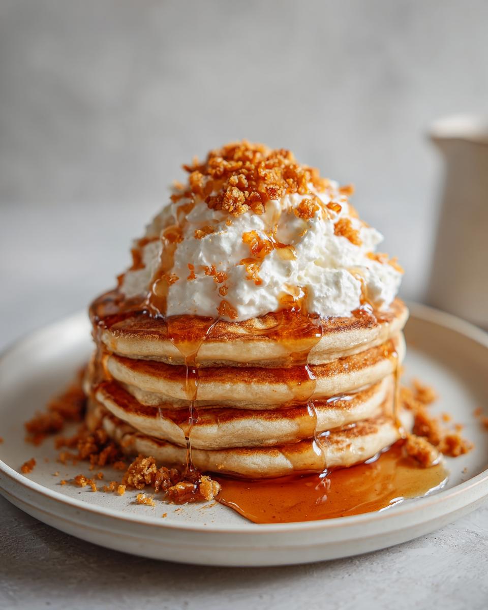 Close-up of a tall stack of maple ginger pancakes drizzled with syrup, topped with whipped cream and crunchy ginger crumble.