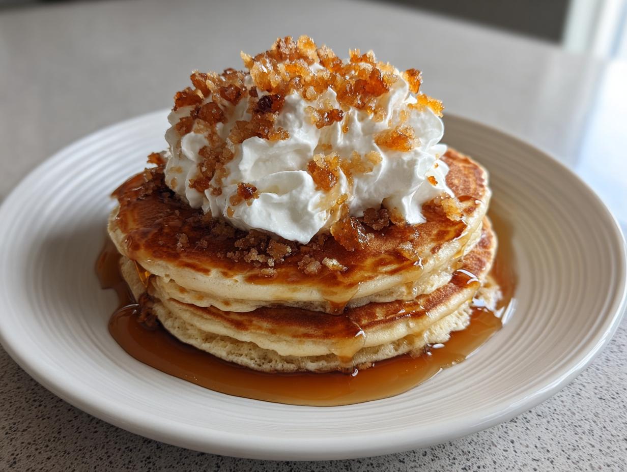 A stack of three golden maple ginger pancakes drizzled with syrup, topped with whipped cream and crunchy ginger topping.