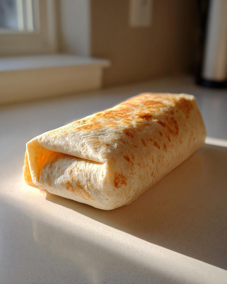 A single, golden-brown toasted tortilla wrapped tightly into a meal prep breakfast burrito, resting on a light countertop.
