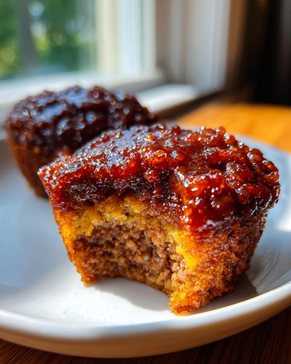 A close-up shot of one mini meatloaf muffin with a bite taken out, showing the texture and thick, shiny glaze.