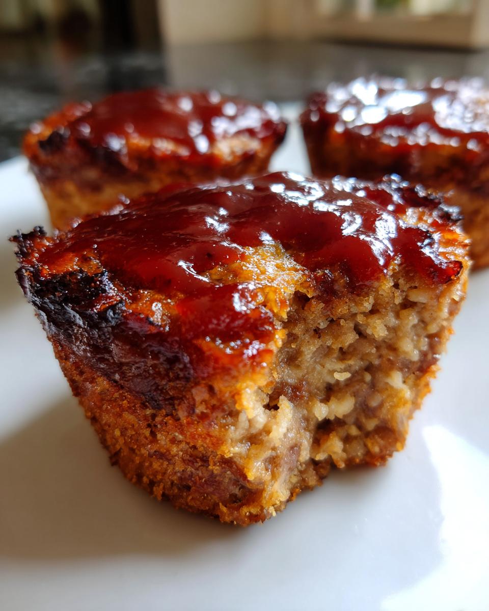 A close-up of one of the mini meatloaf muffins with a bite taken out, showing the texture and shiny glaze.