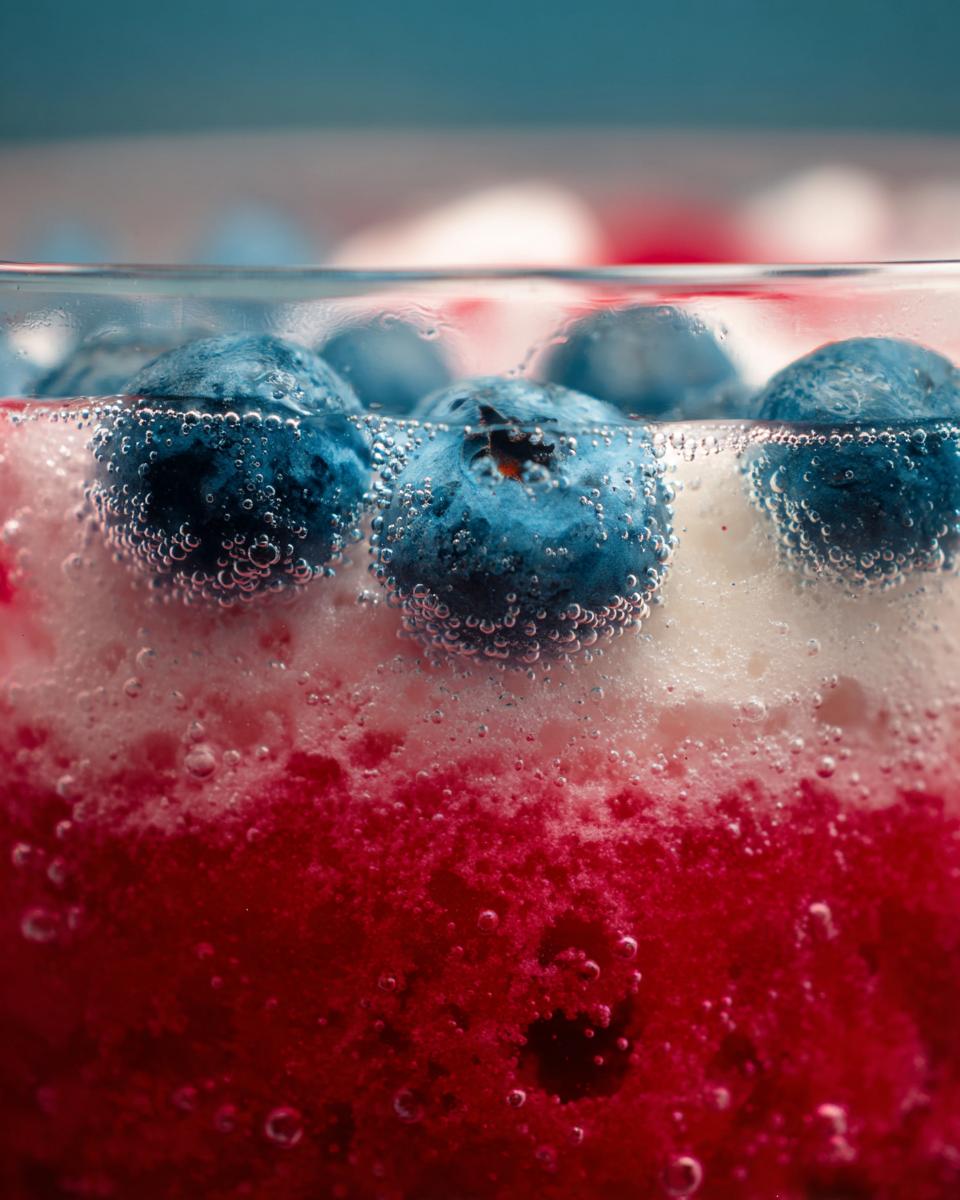 Macro shot of a layered patriotic punch showing red liquid, white foam, and blueberries floating on top.