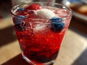 Close-up of a fizzy, red patriotic punch drink garnished with blueberries, a raspberry, and a scoop of white sherbet or ice cream.