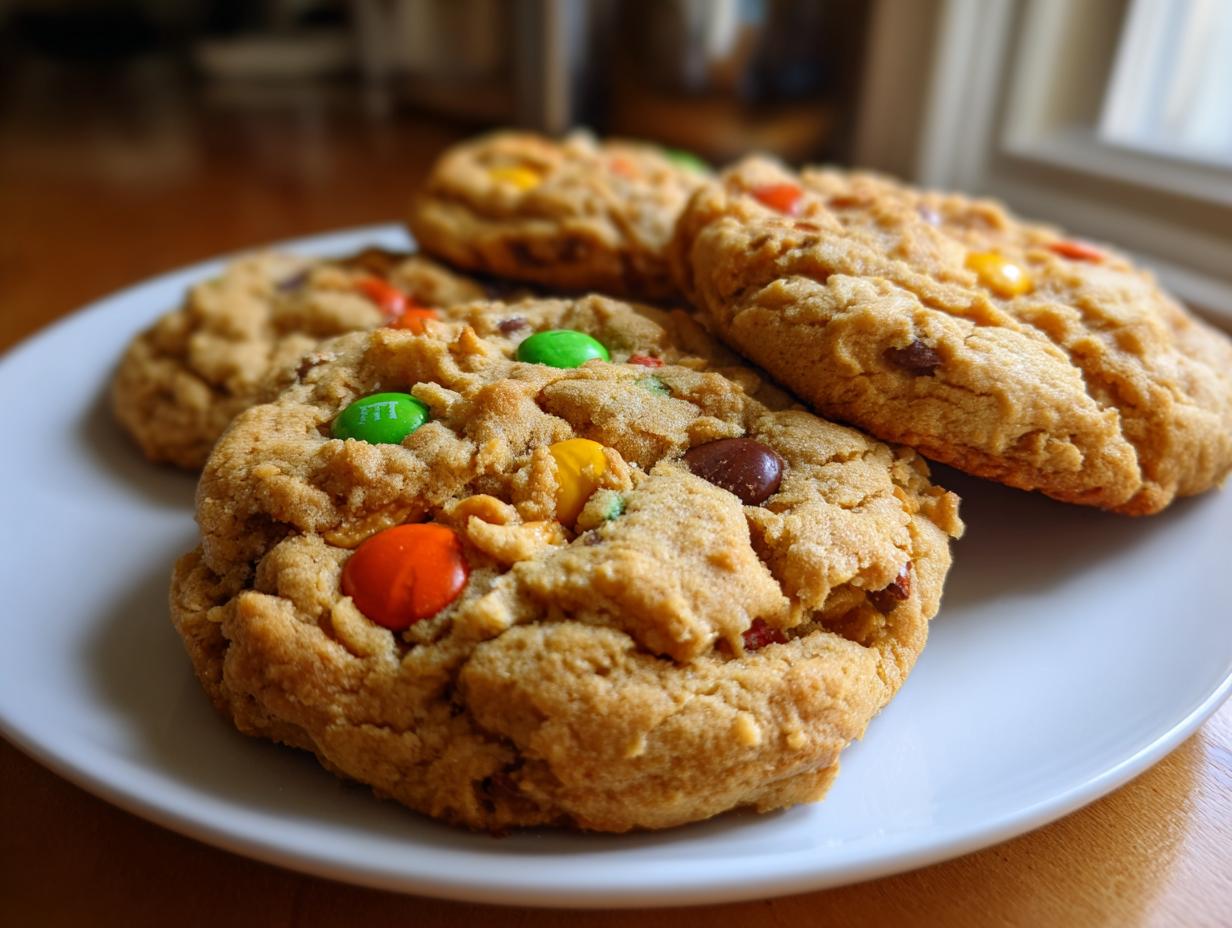 Close-up of several thick, chewy peanut butter M&M cookies stacked slightly on a white plate.