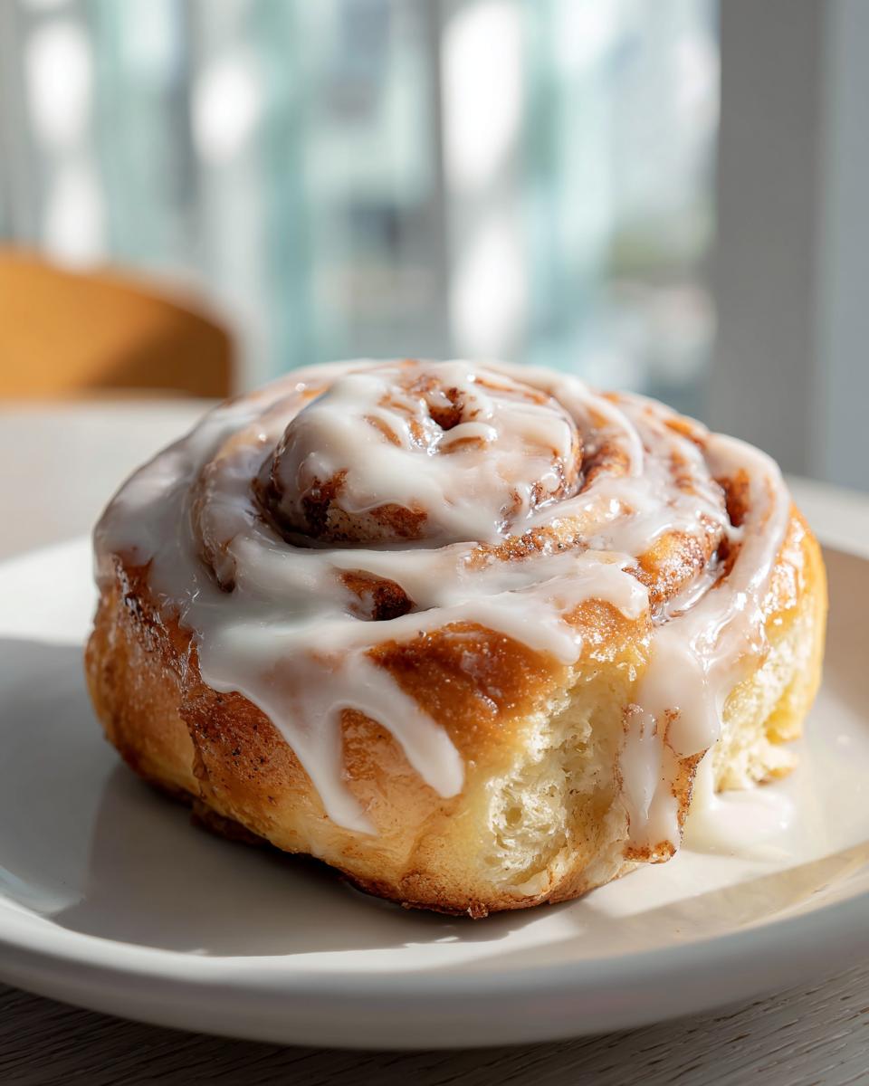 A single, freshly baked protein cinnamon rolls generously topped with white icing, sitting on a white plate.