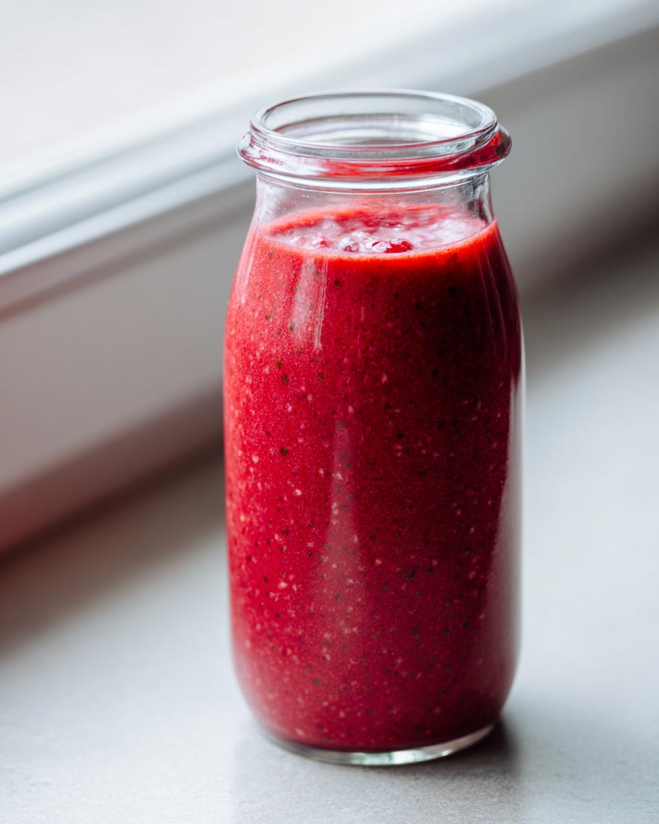A glass bottle filled with a thick, vibrant red mixture, possibly a smoothie or a component for raspberry vinaigrette.