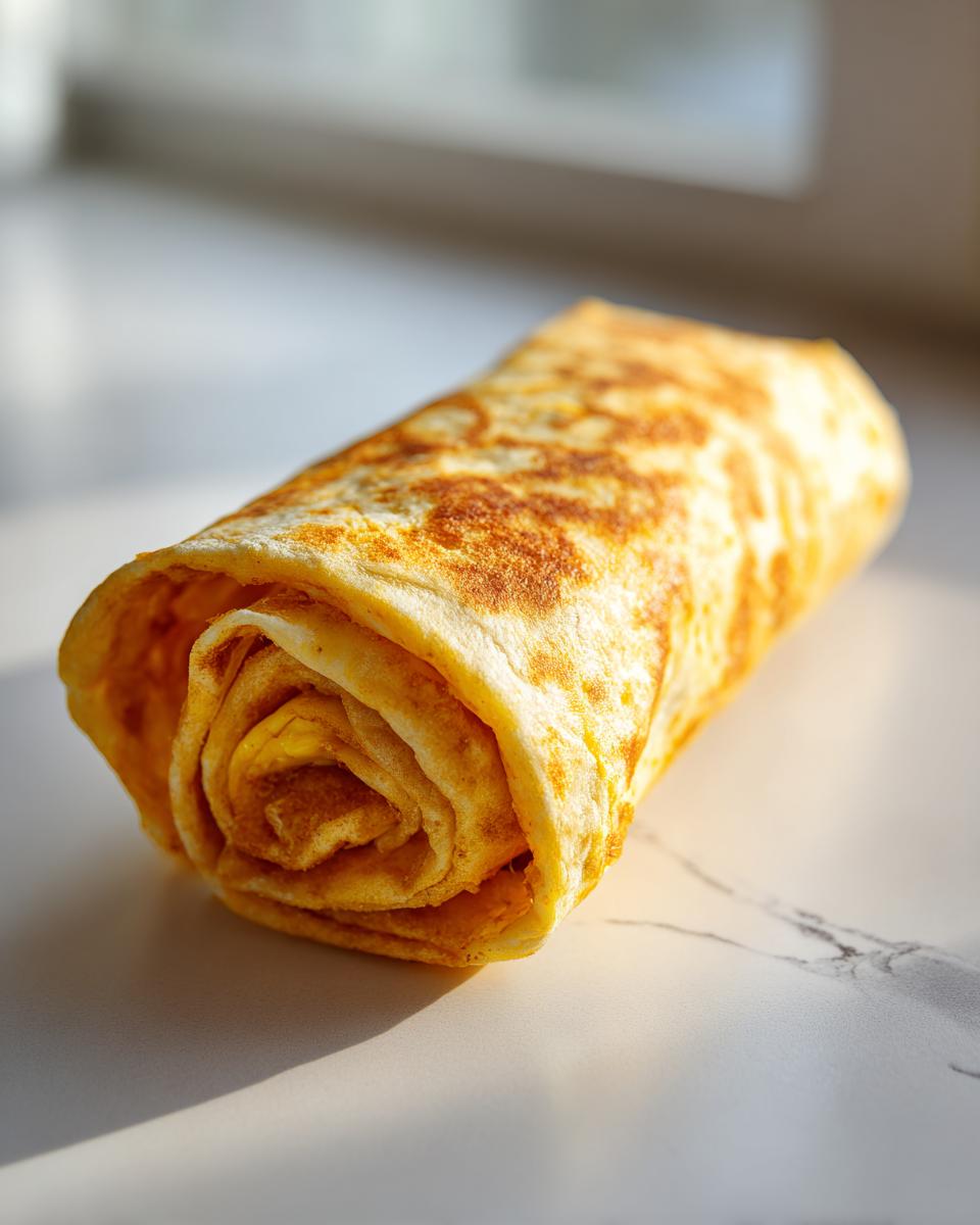 Close-up of a tightly rolled egg wrap, showing the spiral layers, perfect for meal prep breakfast burritos.