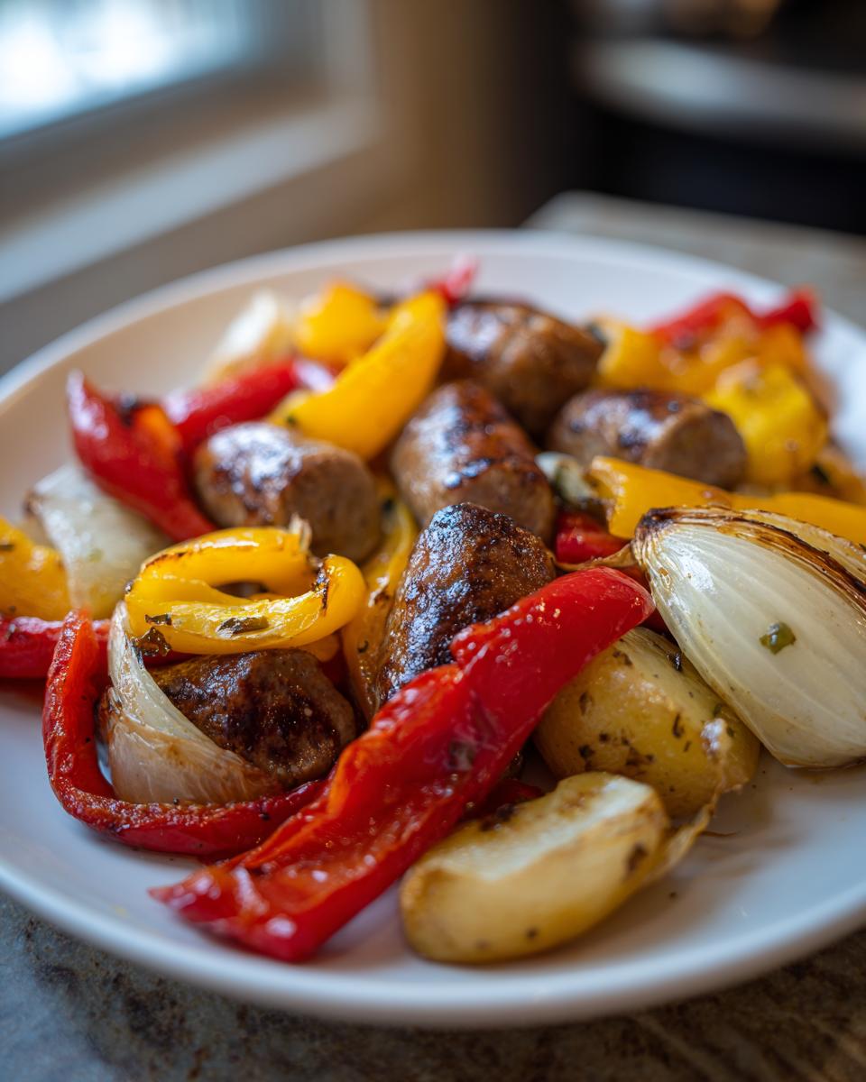 Close-up of roasted sausage peppers onions and potatoes served on a white plate.