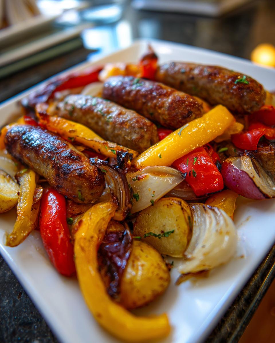Close-up of roasted sausage peppers onions and potatoes served on a white rectangular platter.